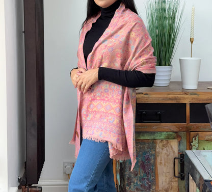 Dusty rose cashmere wool blend shawl with elegant printed