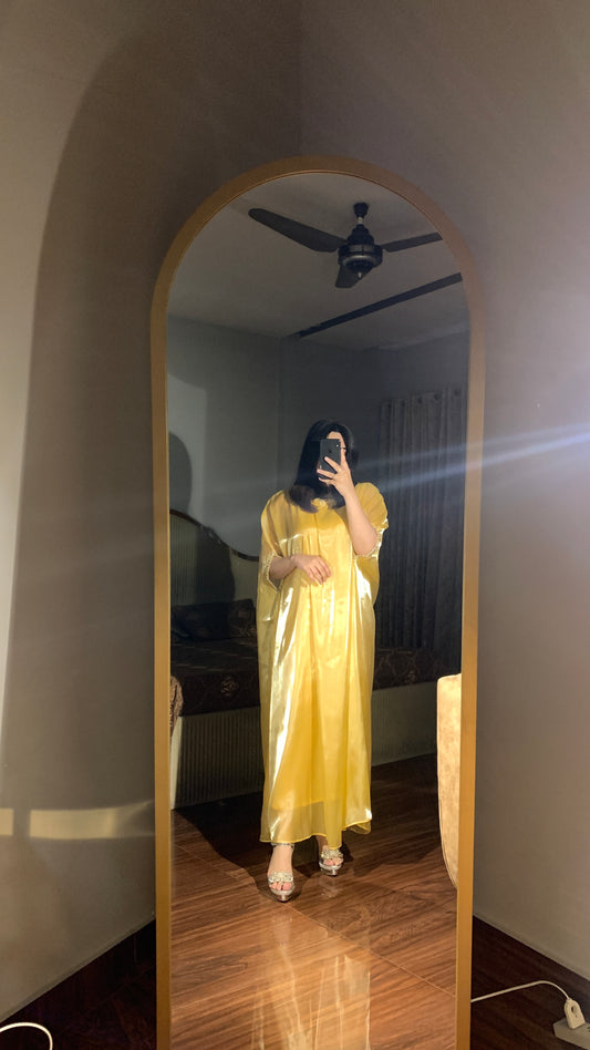 Butter yellow silk gown kaftan with lace detailing on neckline