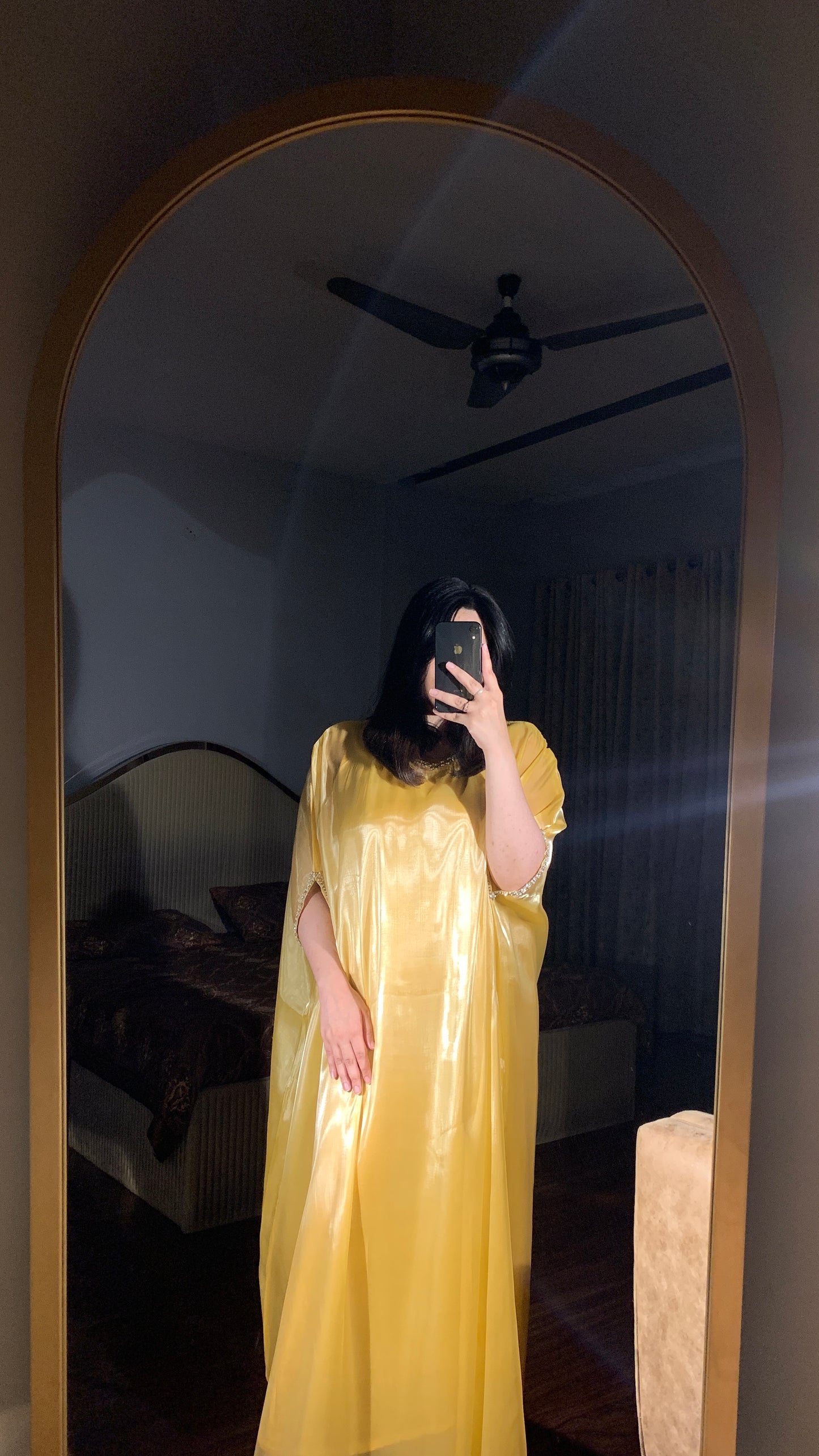 Butter yellow silk gown kaftan with lace detailing on neckline