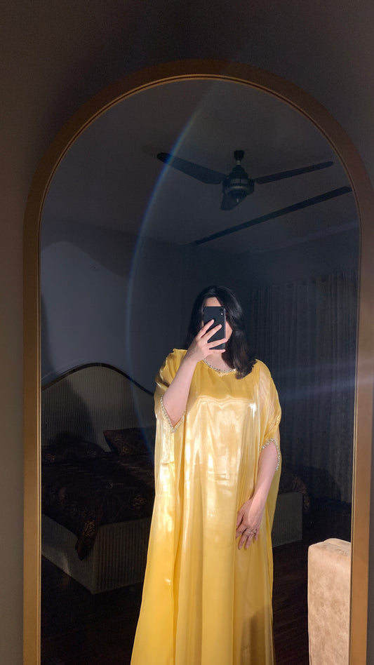 Butter yellow silk gown kaftan with lace detailing on neckline