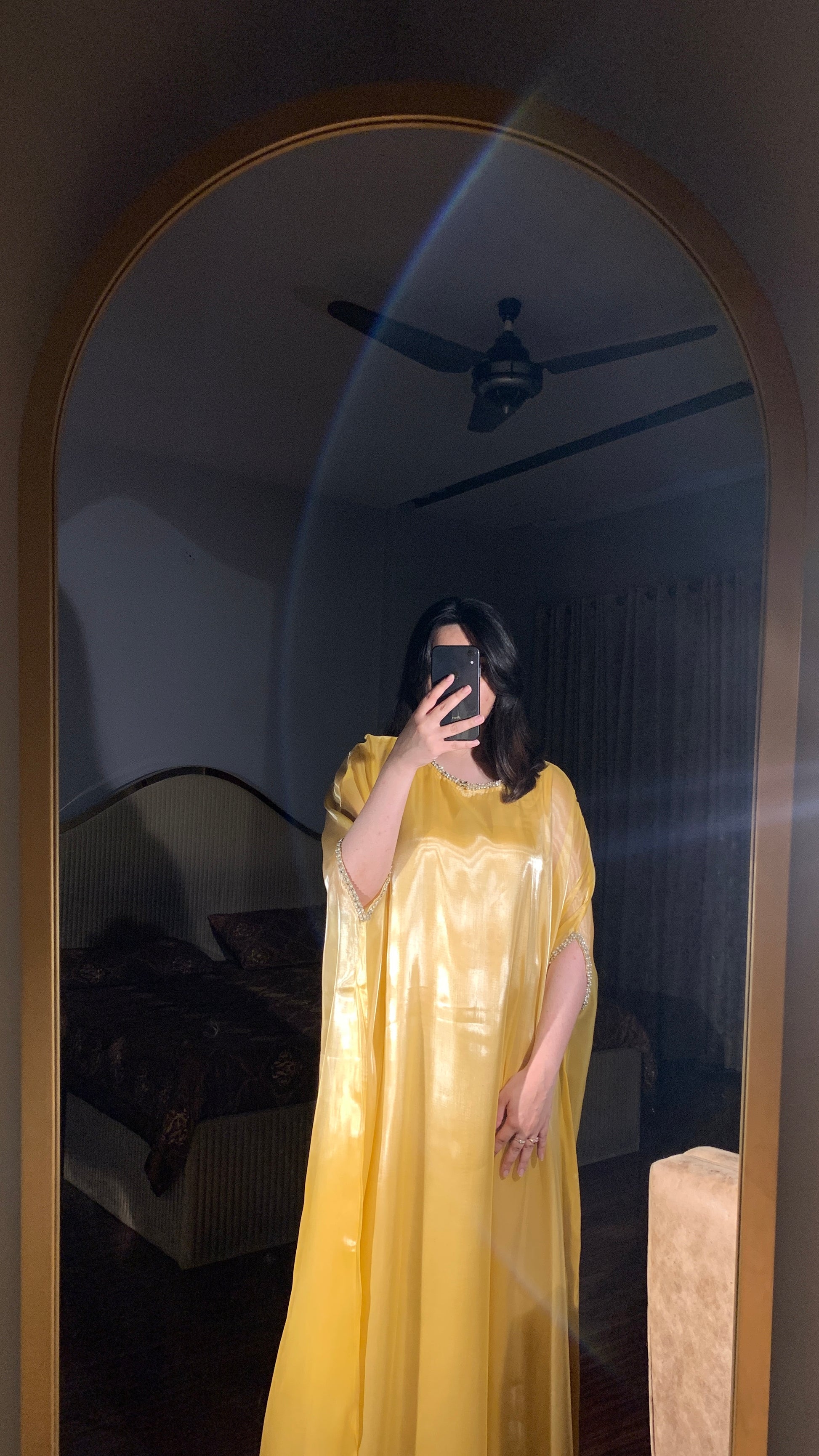 Butter yellow silk gown kaftan with lace detailing on neckline