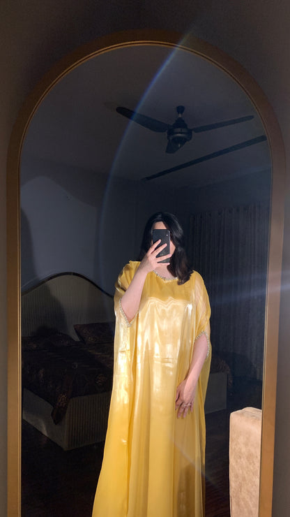 Butter yellow silk gown kaftan with lace detailing on neckline