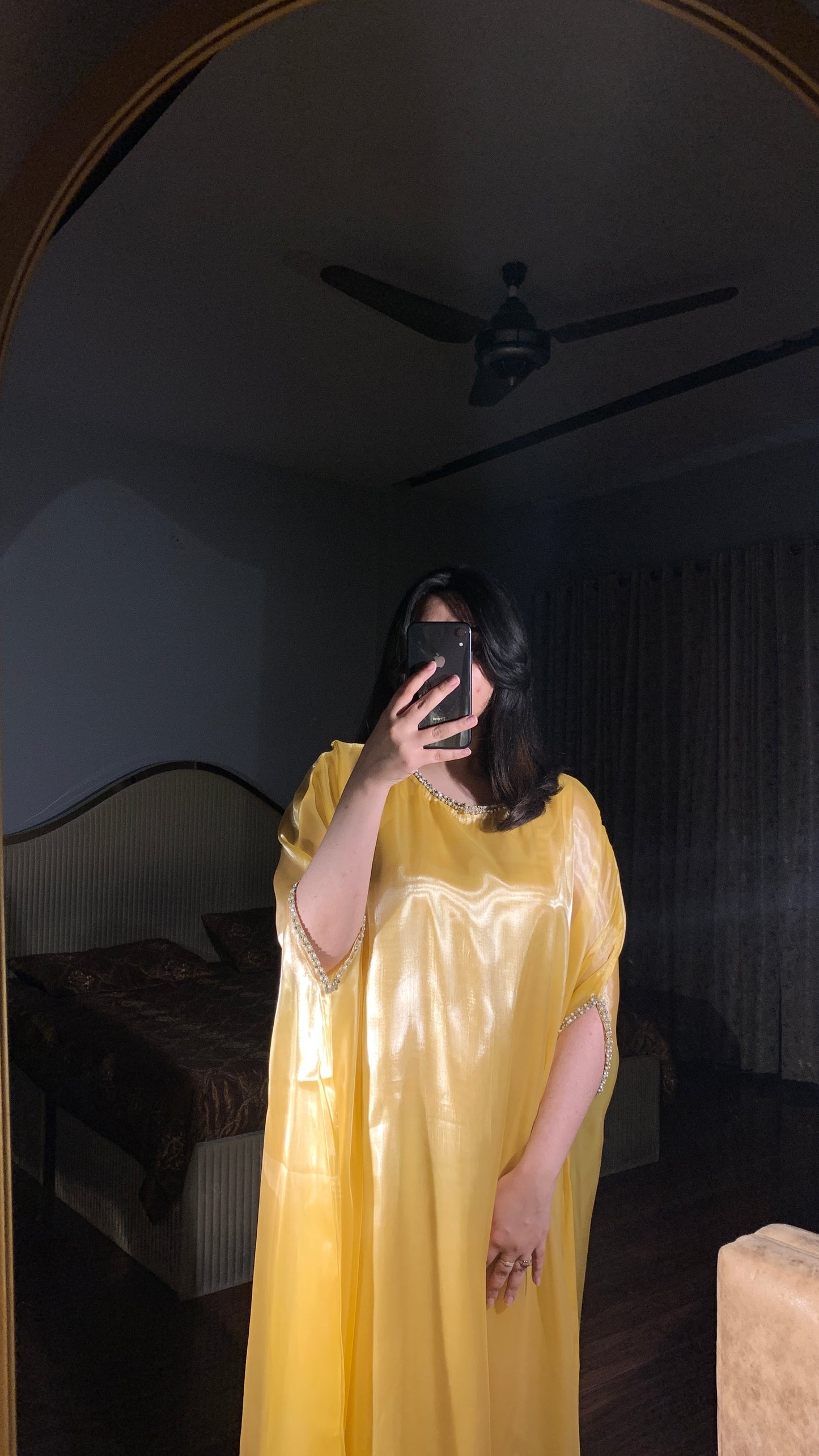 Butter yellow silk gown kaftan with lace detailing on neckline