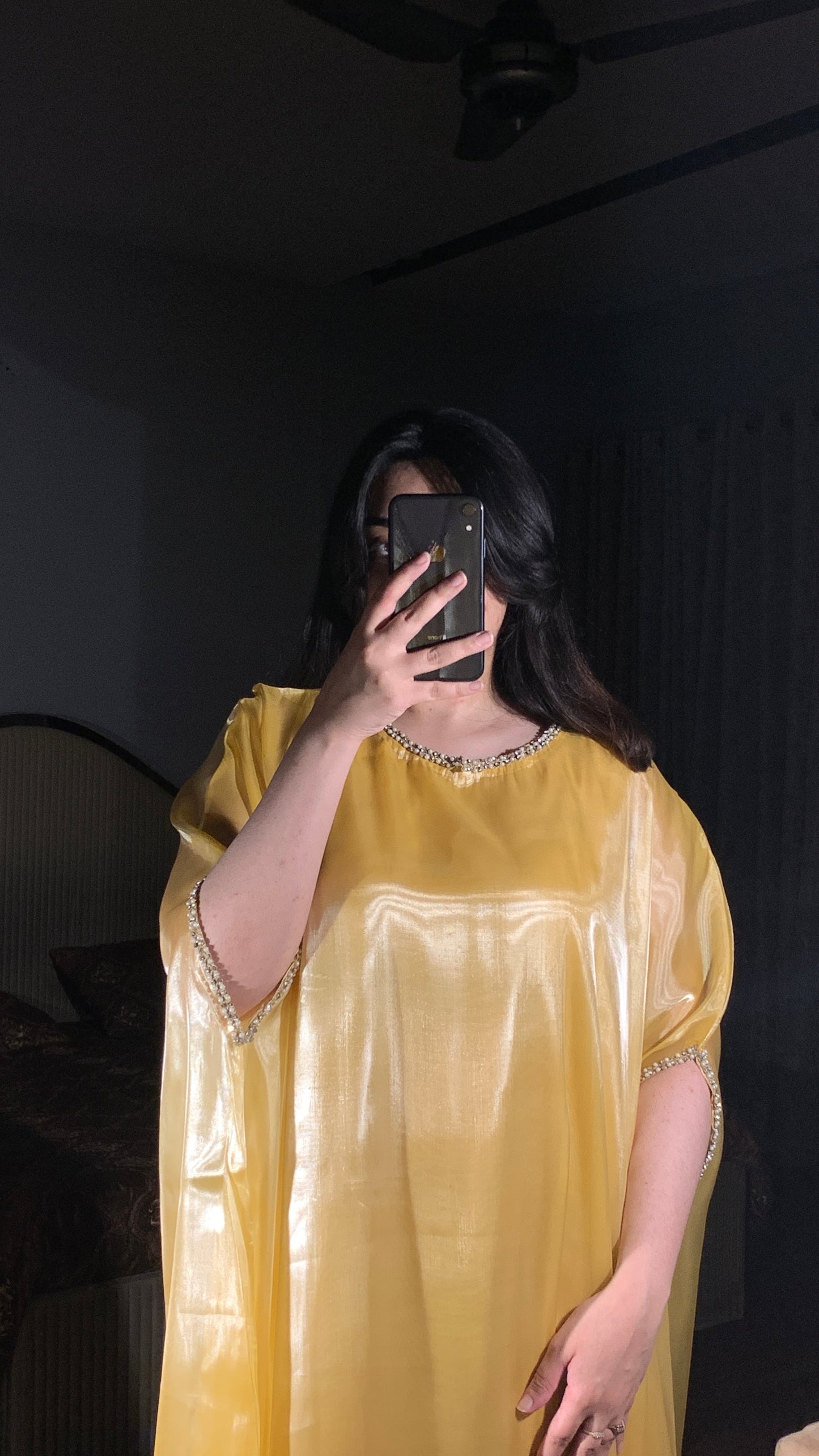 Butter yellow silk gown kaftan with lace detailing on neckline