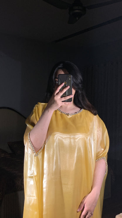 Butter yellow silk gown kaftan with lace detailing on neckline