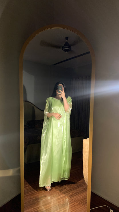 Mint green silk gown kaftan with lace detailing