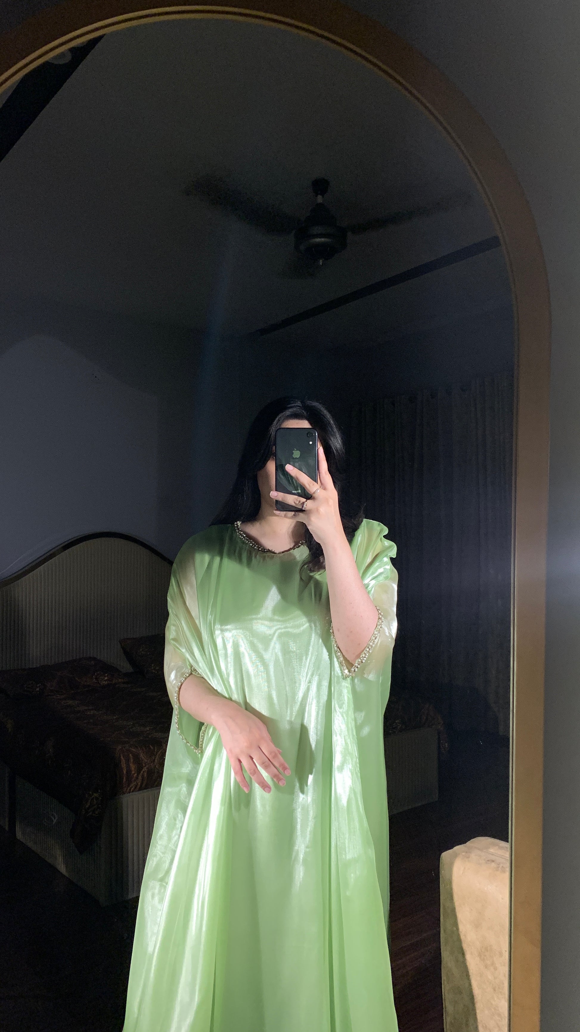 Mint green silk gown kaftan with lace detailing