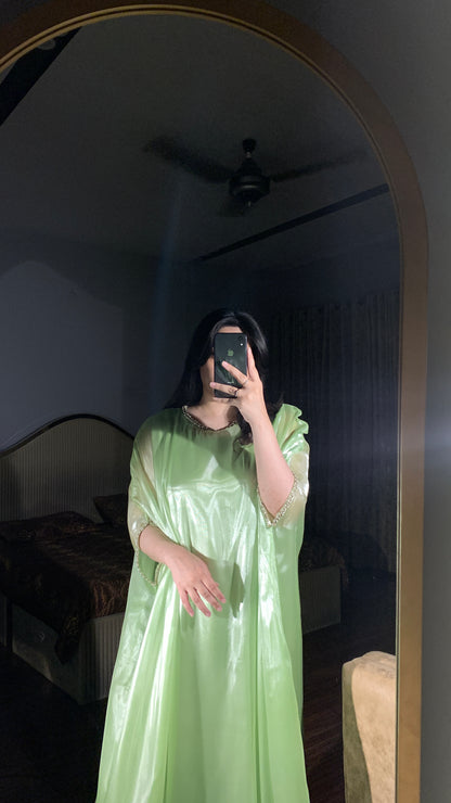 Mint green silk gown kaftan with lace detailing