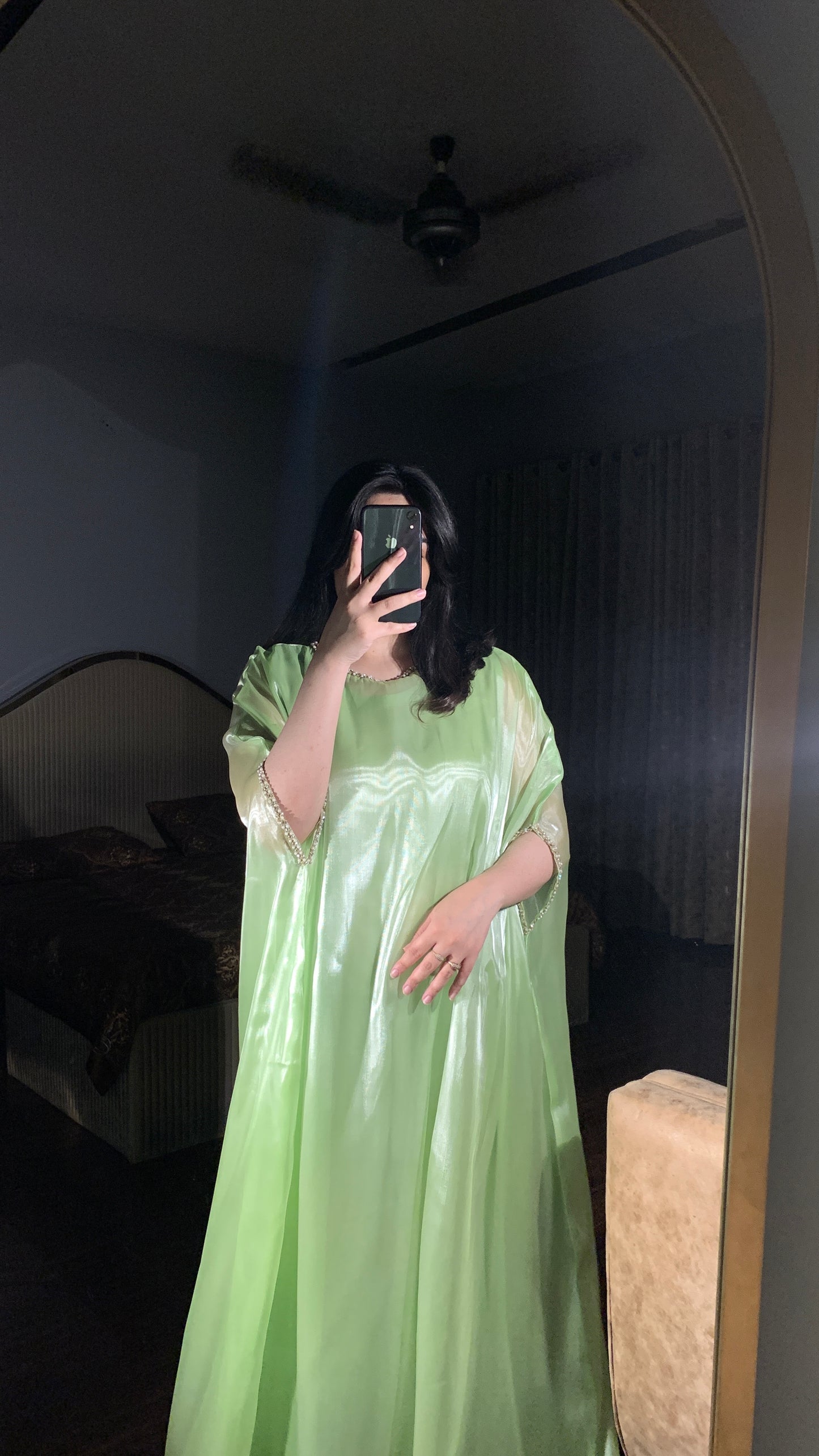 Mint green silk gown kaftan with lace detailing