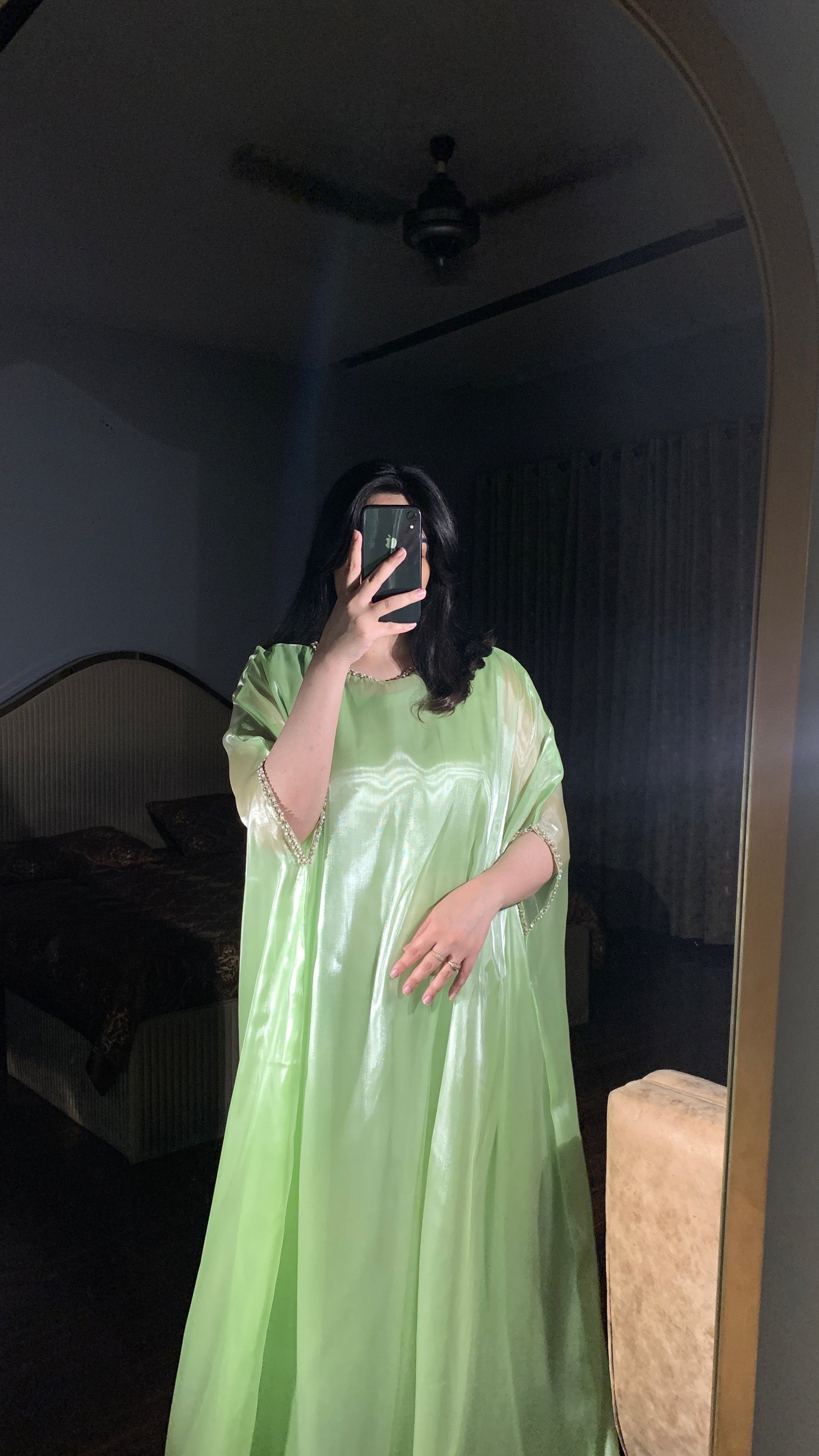 Mint green silk gown kaftan with lace detailing