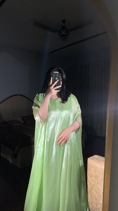 Mint green silk gown kaftan with lace detailing