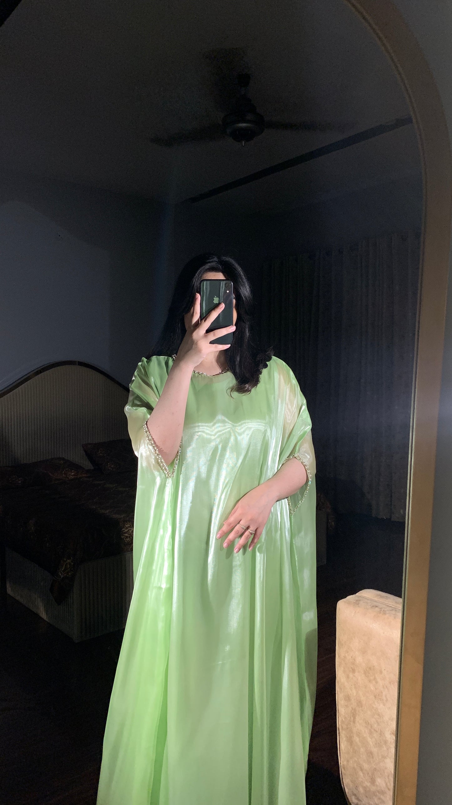 Mint green silk gown kaftan with lace detailing