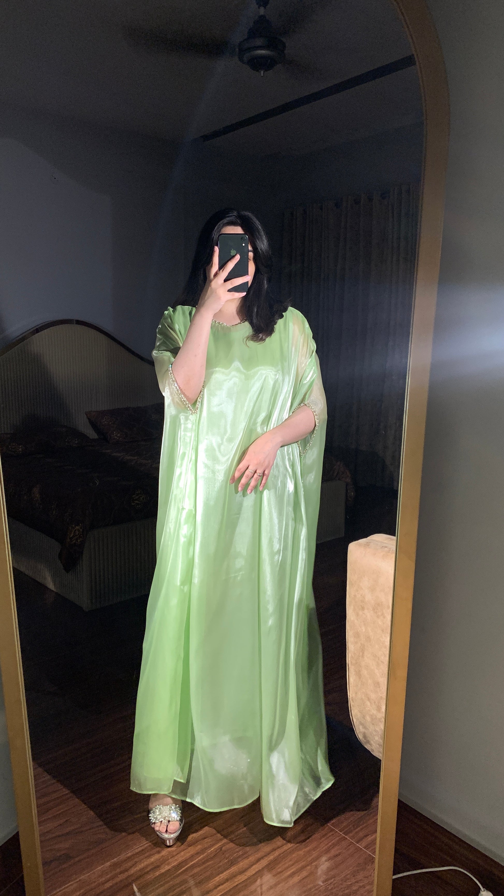 Mint green silk gown kaftan with lace detailing