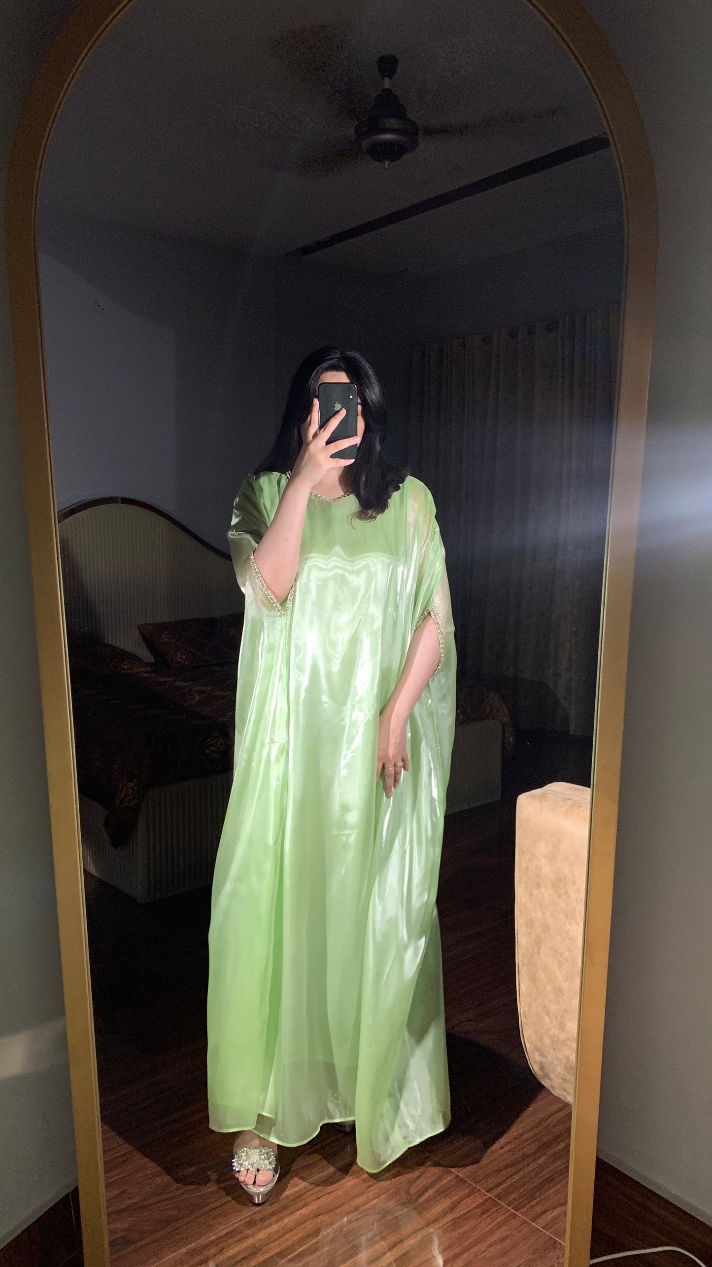 Mint green silk gown kaftan with lace detailing
