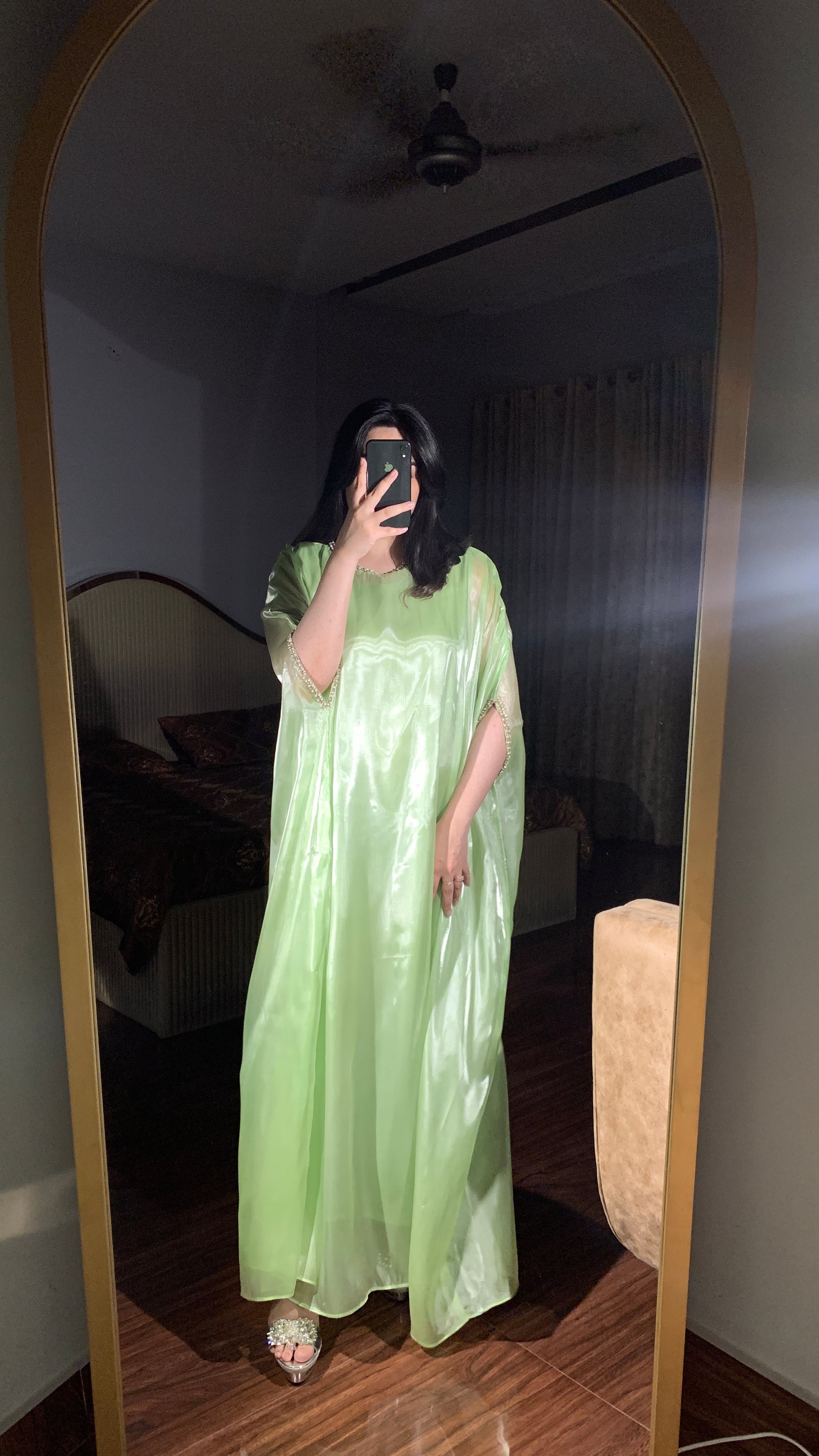Mint green silk gown kaftan with lace detailing