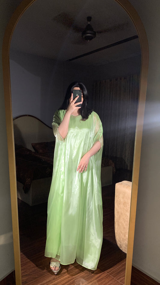 Mint green silk gown kaftan with lace detailing