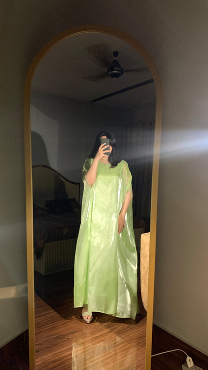 Mint green silk gown kaftan with lace detailing