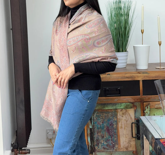 Mushroom cashmere wool blend shawl with elegant printed pattern
