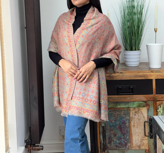 Mushroom cashmere wool blend shawl with elegant printed pattern