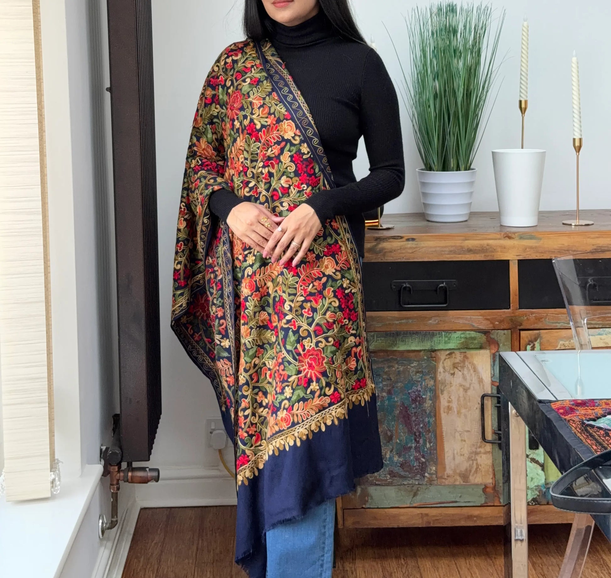Navy blue embroidered pashmina shawl with elegant detailing