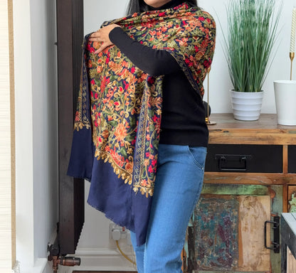 Navy blue embroidered pashmina shawl with elegant detailing