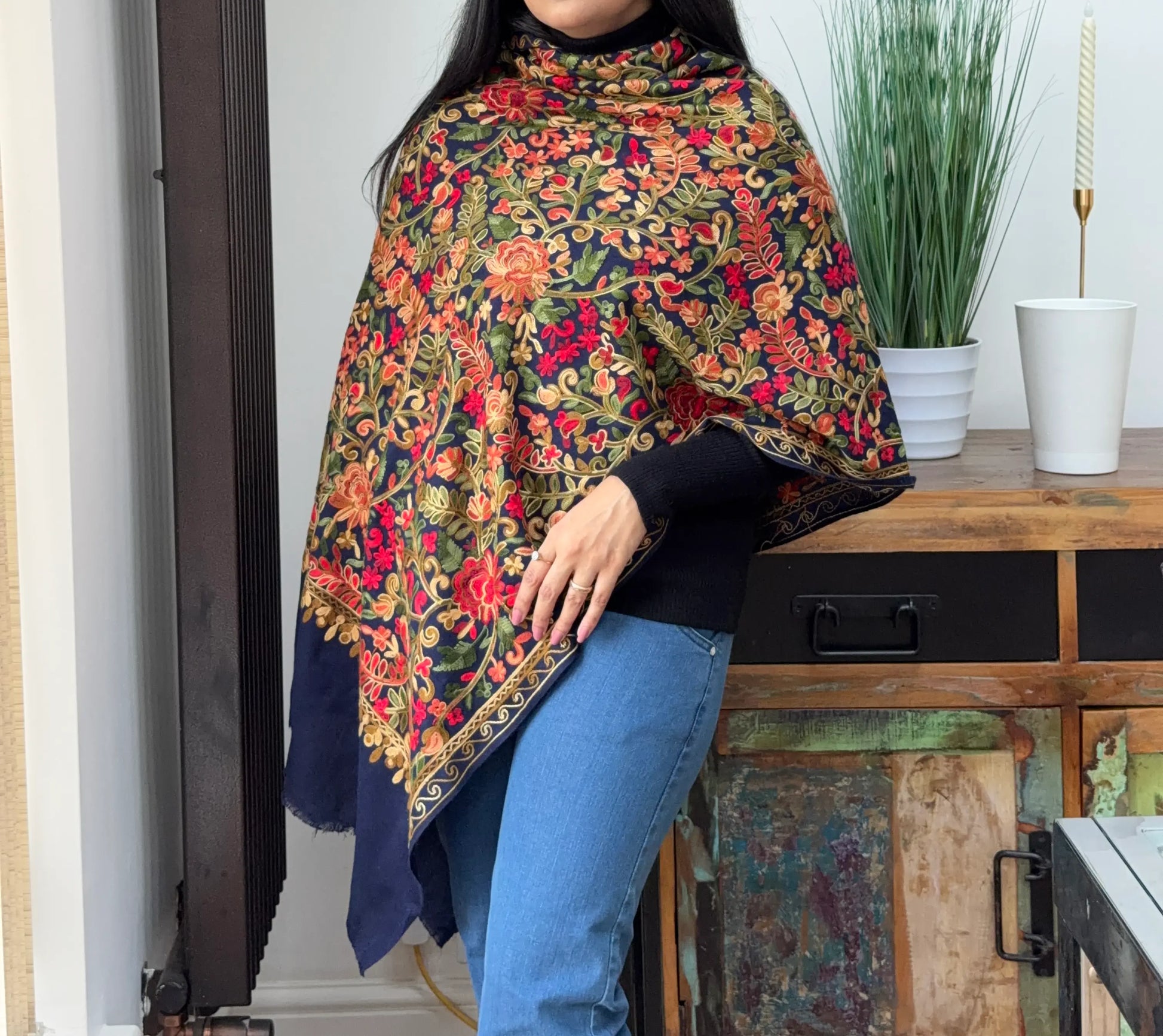 Navy blue embroidered pashmina shawl with elegant detailing