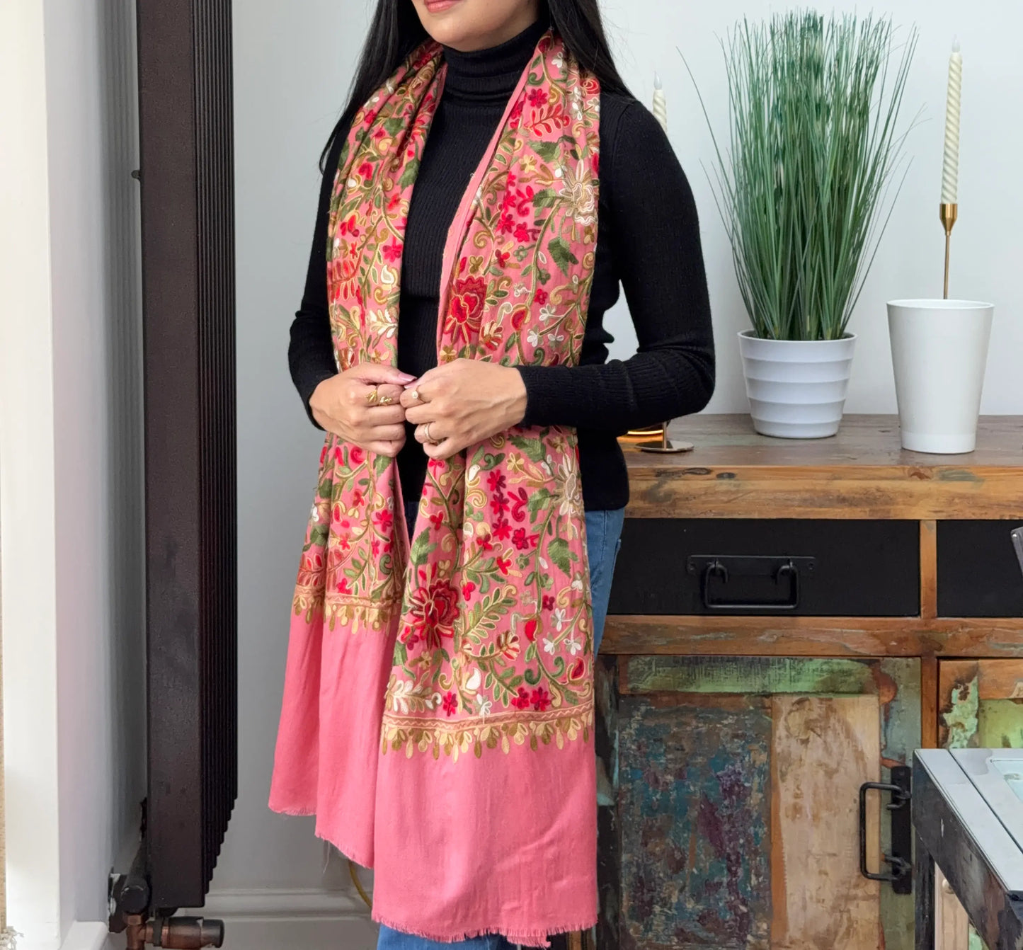 Pink embroidered pashmina shawl with elegant detailing