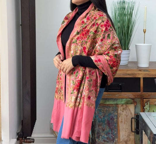 Pink embroidered pashmina shawl with elegant detailing