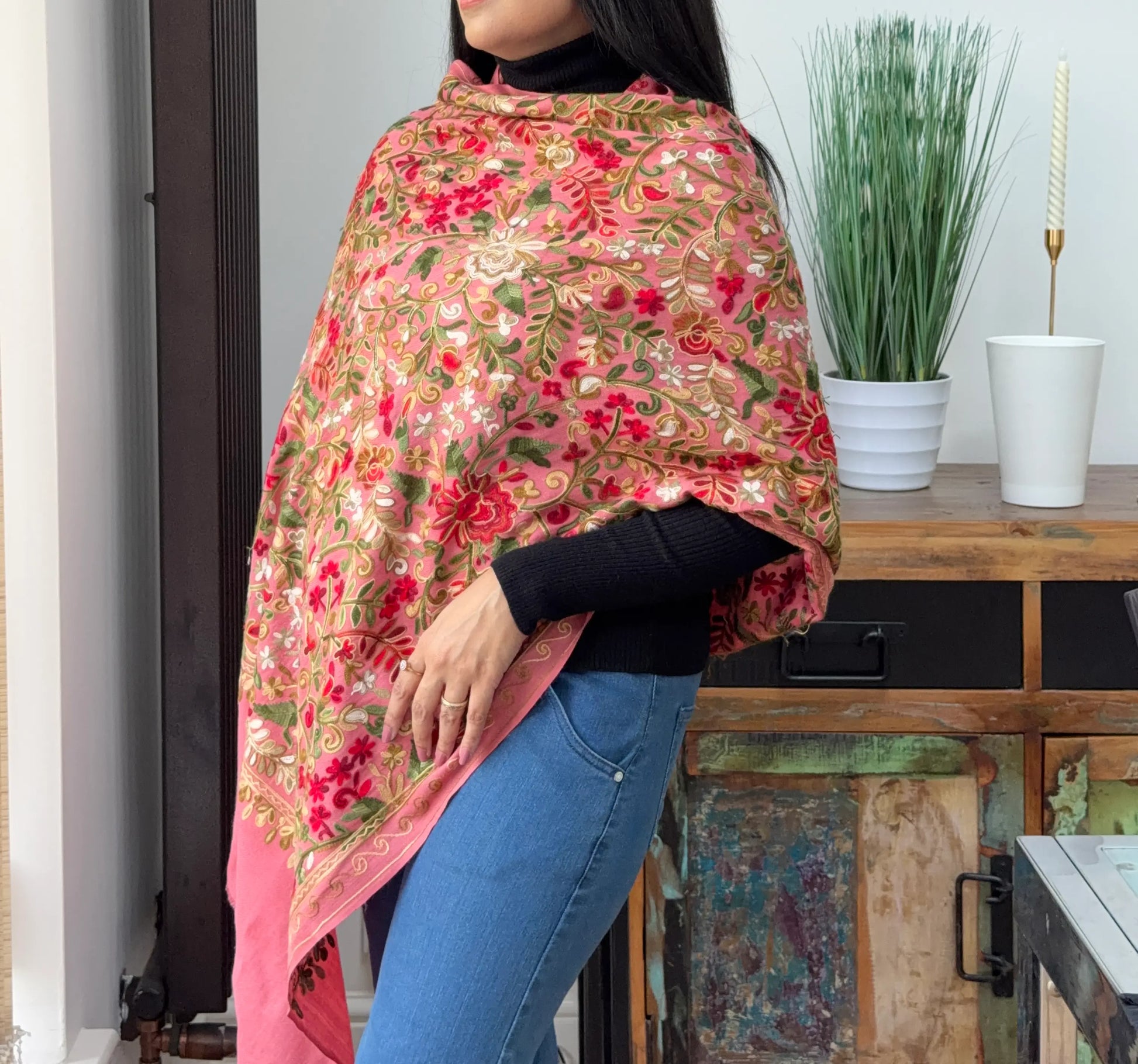 Pink embroidered pashmina shawl with elegant detailing