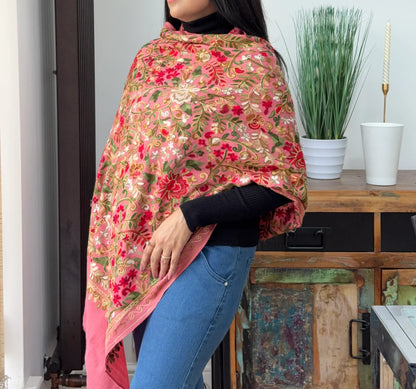 Pink embroidered pashmina shawl with elegant detailing