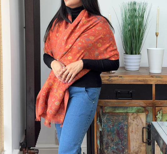 Printed tangerine cashmere wool blend shawl with elegant printed pattern
