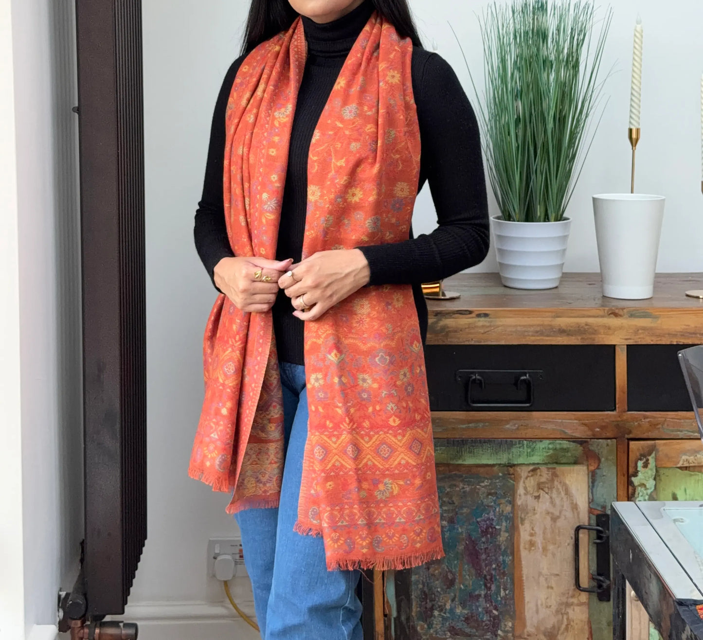 Printed tangerine cashmere wool blend shawl with elegant printed pattern