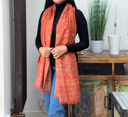 Printed tangerine cashmere wool blend shawl with elegant printed pattern