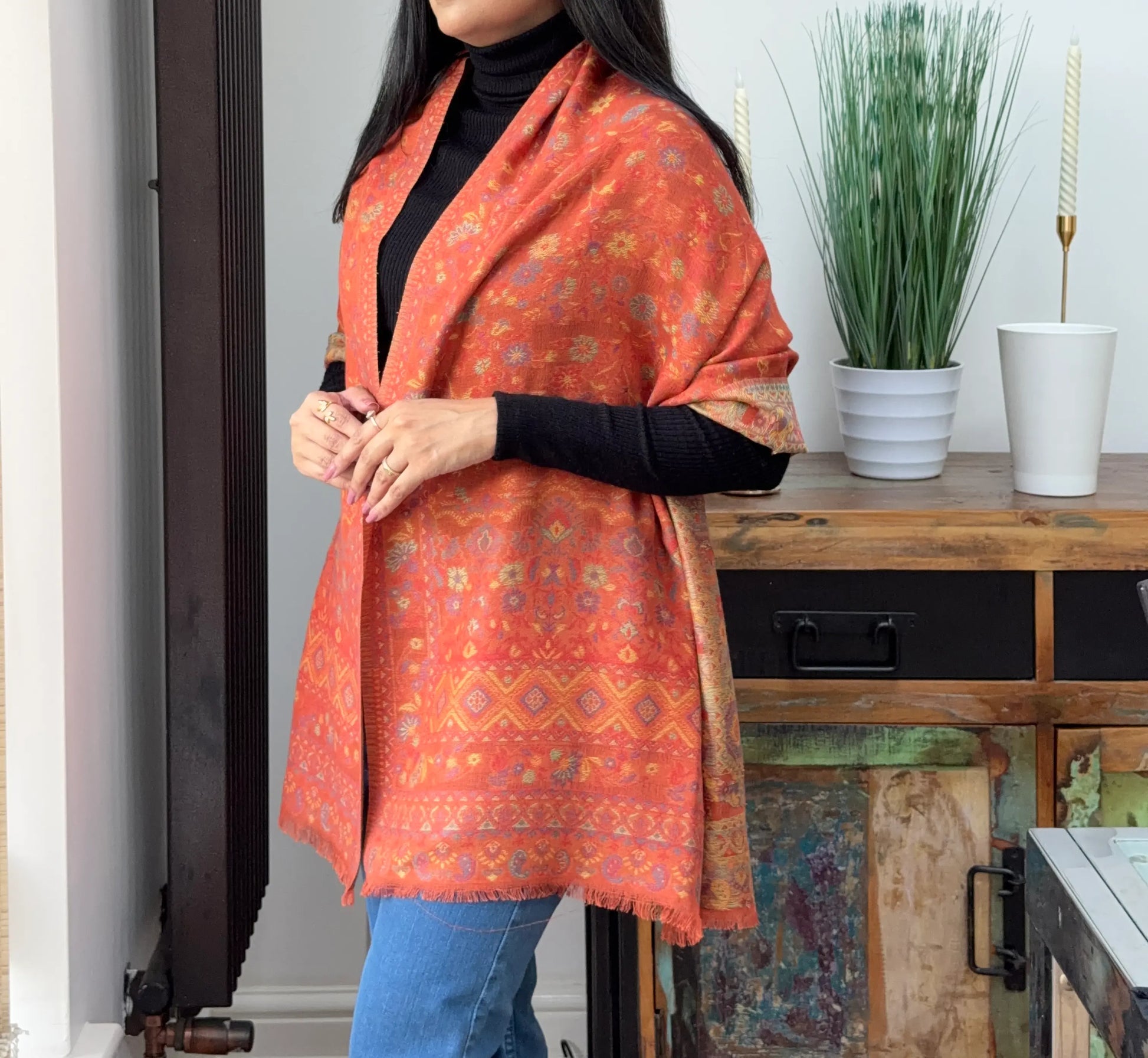 Printed tangerine cashmere wool blend shawl with elegant printed pattern