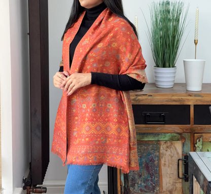 Printed tangerine cashmere wool blend shawl with elegant printed pattern