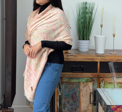 Vanilla cashmere wool blend shawl with elegant printed pattern