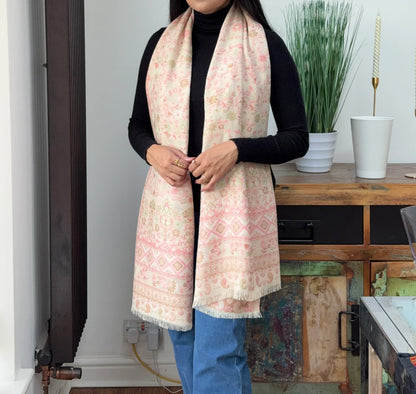 Vanilla cashmere wool blend shawl with elegant printed pattern