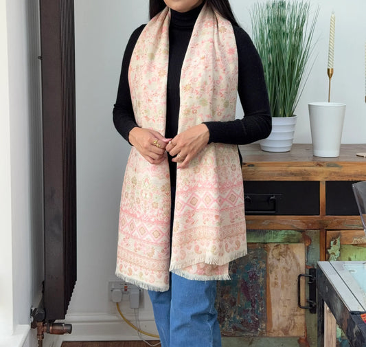 Vanilla cashmere wool blend shawl with elegant printed pattern