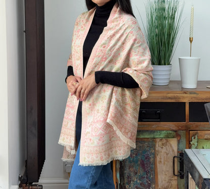 Vanilla cashmere wool blend shawl with elegant printed pattern
