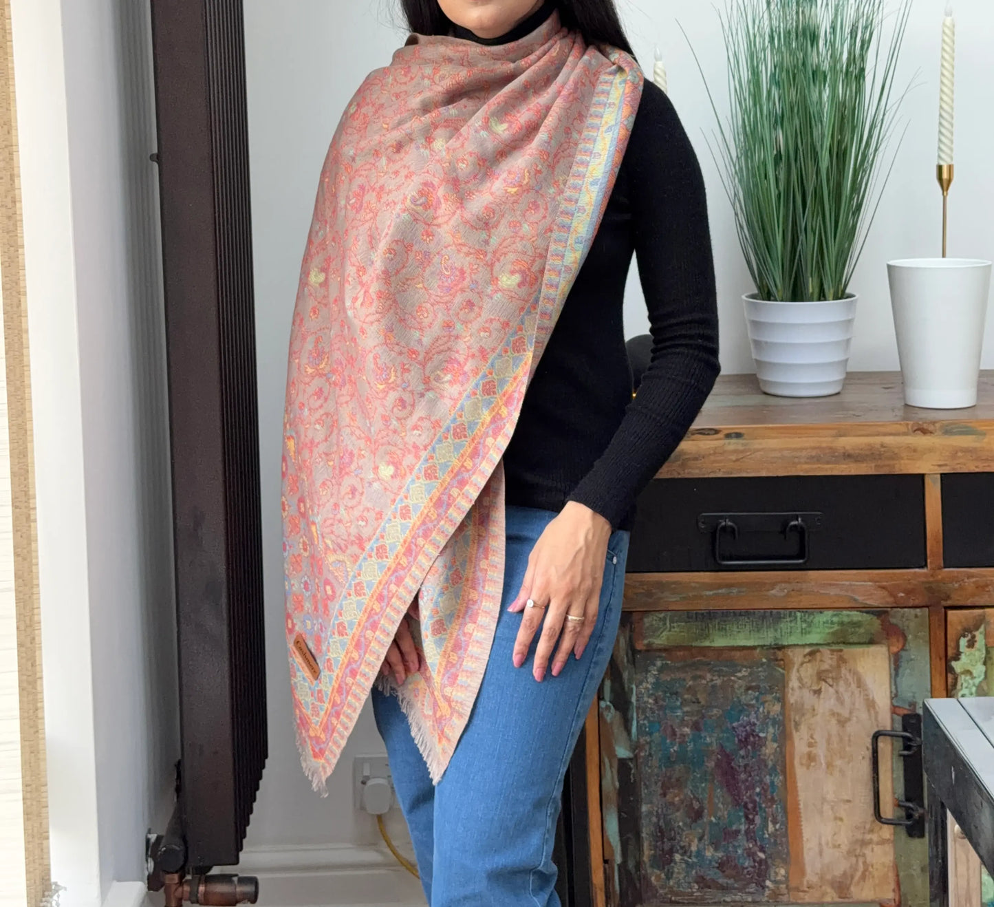 Taupe cashmere wool blend shawl with elegant printed pattern