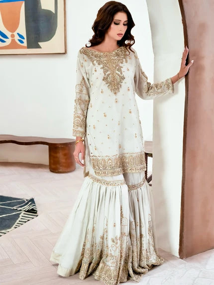 White & Gold Gharara Wedding Outfit