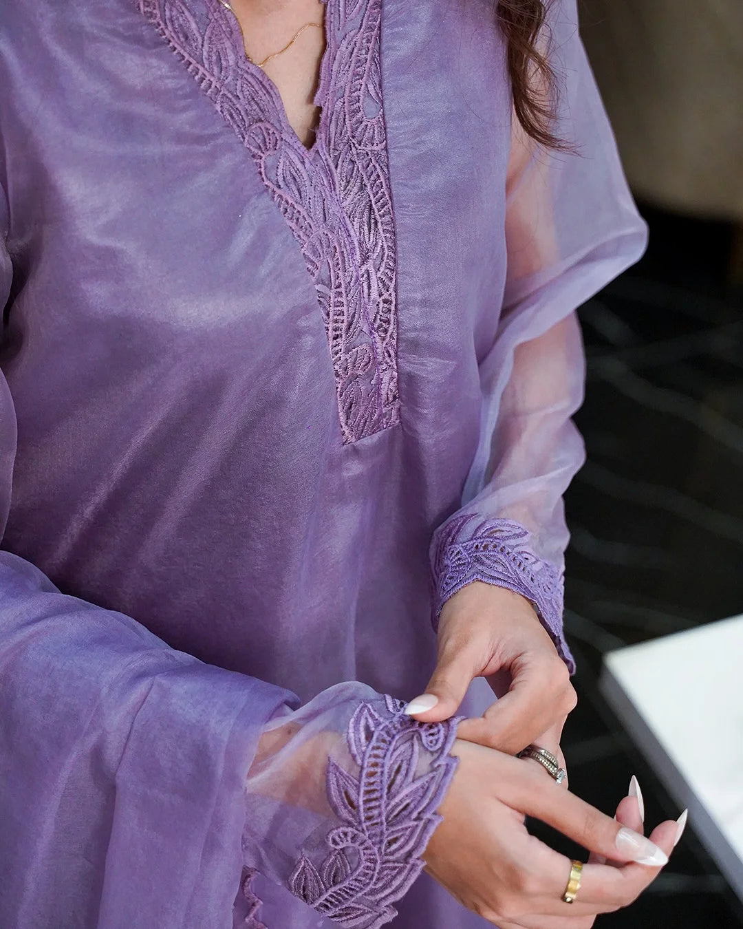 Lilac organza embroidered outfit with intricate embroidery