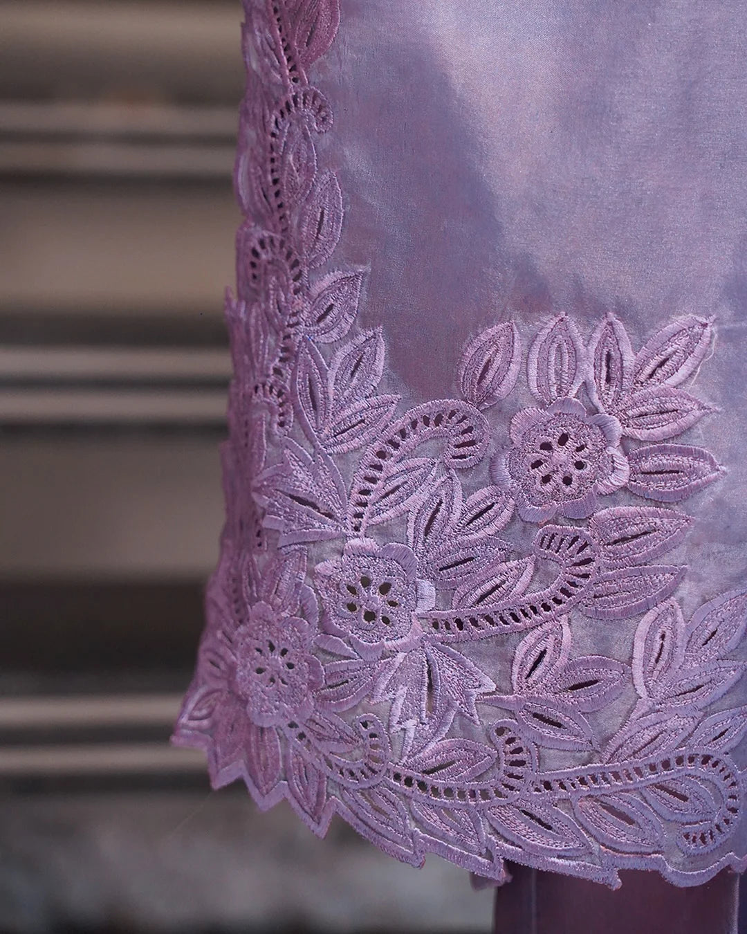 Lilac organza embroidered outfit with intricate embroidery