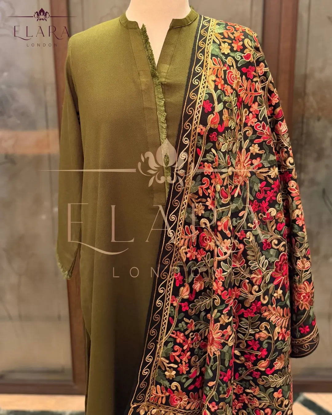 Olive green co-ord set with pearl and fringe detailing