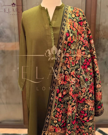 Olive green co-ord set with pearl and fringe detailing