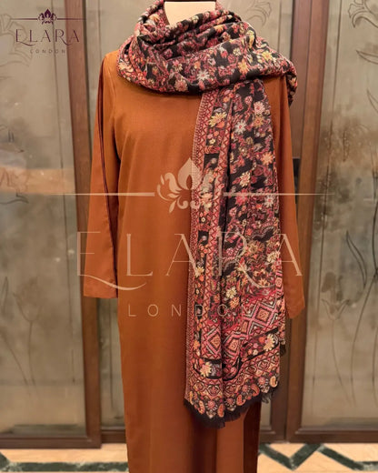 Brown co-ord set in plain Dhanak fabric with wide collar