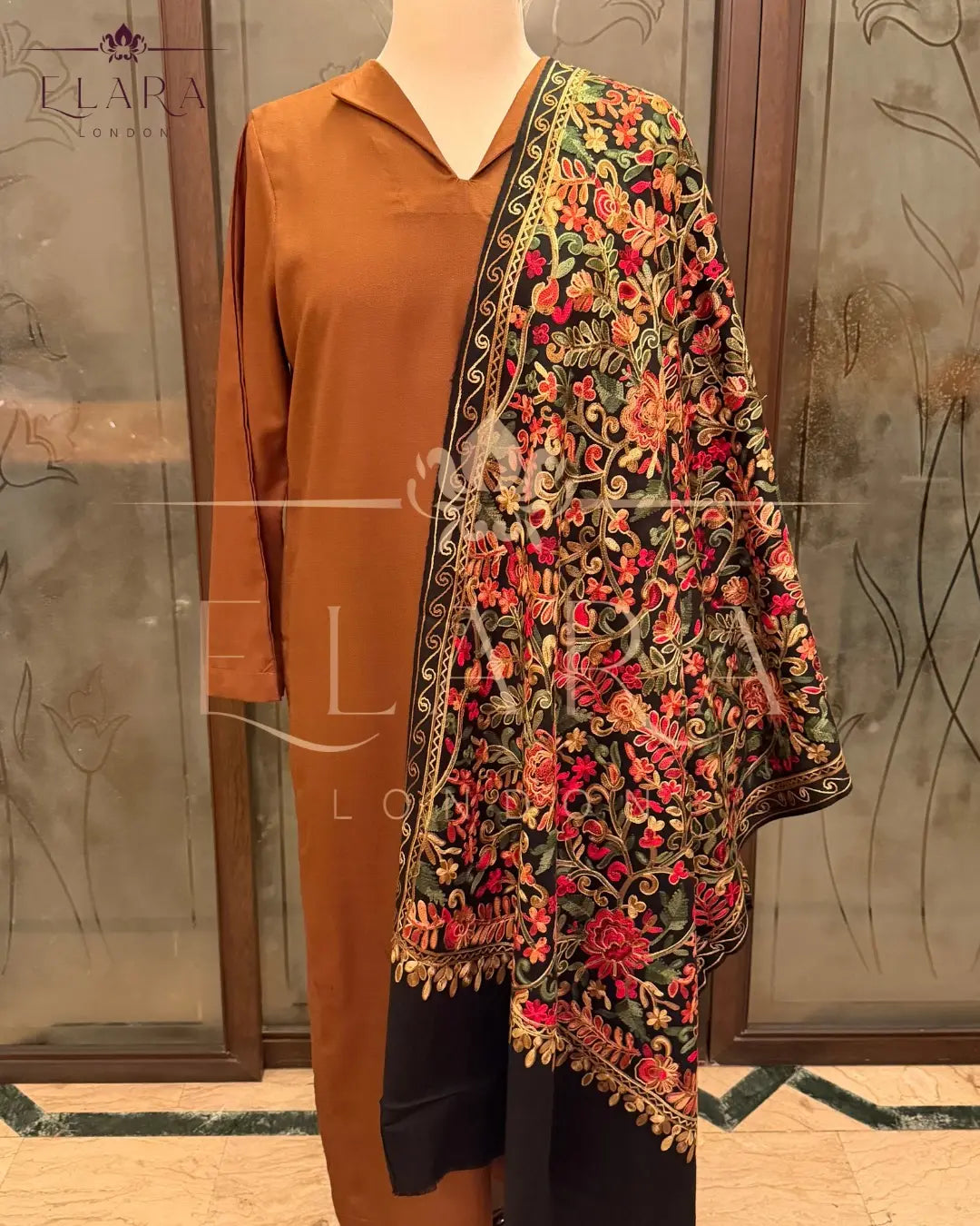 Brown co-ord set in plain Dhanak fabric with wide collar