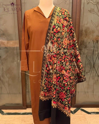Brown co-ord set in plain Dhanak fabric with wide collar