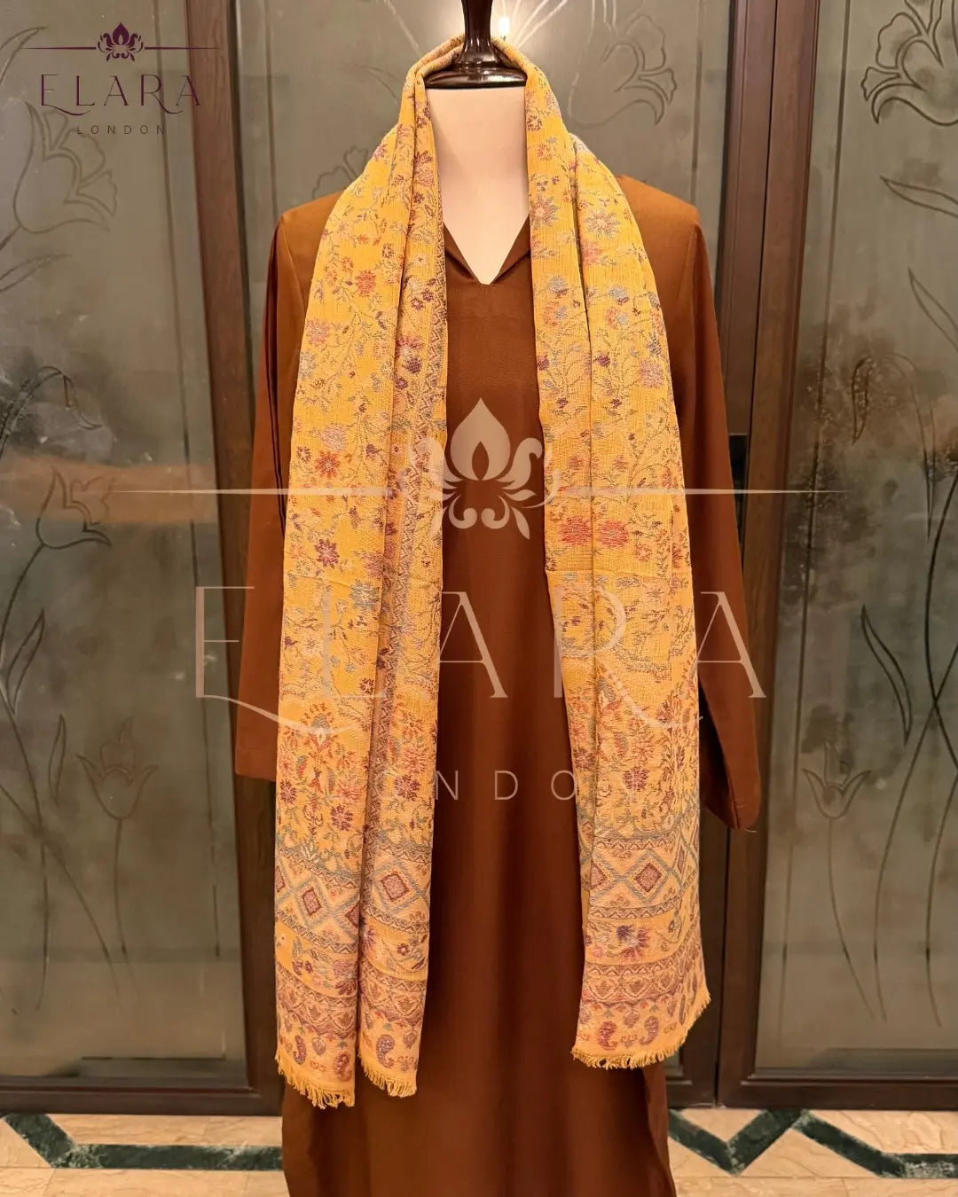 Brown co-ord set in plain Dhanak fabric with wide collar