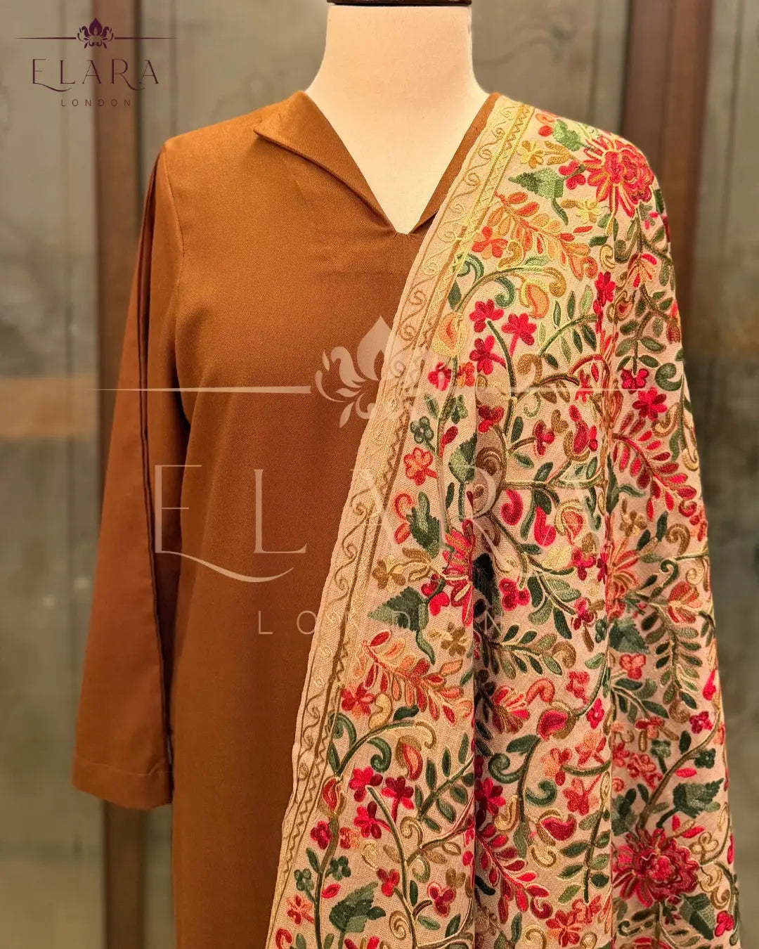Brown co-ord set in plain Dhanak fabric with wide collar
